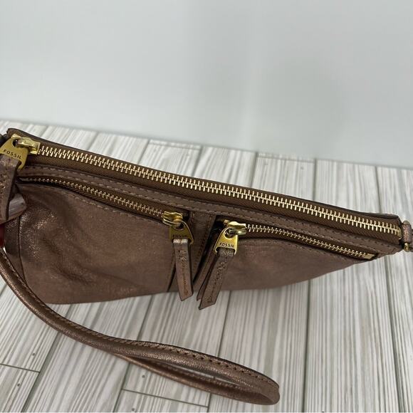 Fossil Erin bag crossbody cow hide rose gold leather zip top purse - Picture 11 of 16